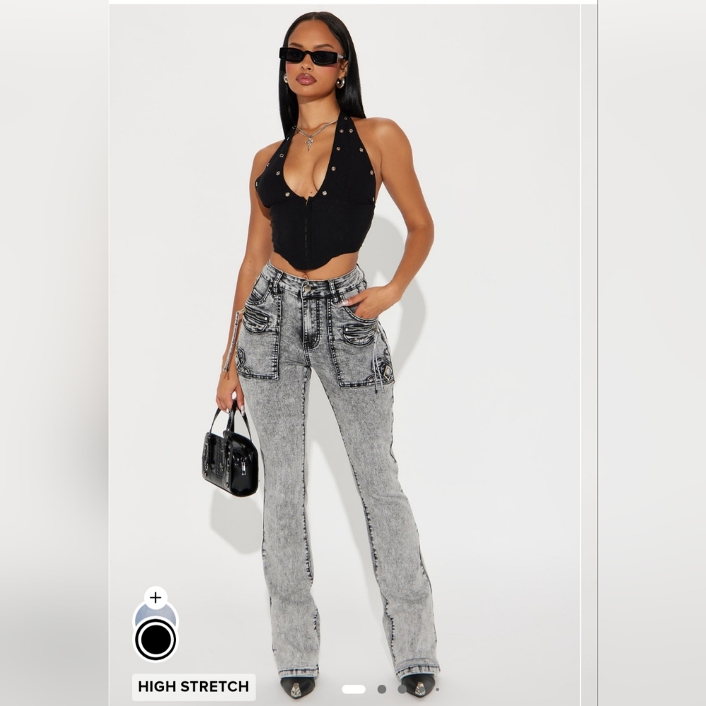 Fashion Nova Black Acid Wash Bootcut Jeans